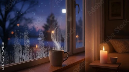 Cozy Nighttime Indoor Scene with Candlelit Ambiance and Rainy Window View.