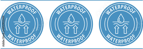 Waterproof Protection Badge Icon Set with Water Drop and Upward Arrows Symbol, Water Resistant Label for Packaging, Outdoor Gear, Electronics, and Product Branding
