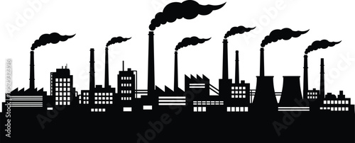 Industrial factory skyline silhouette with chimneys emitting smoke, urban pollution concept, manufacturing plants and power industry scene, black 