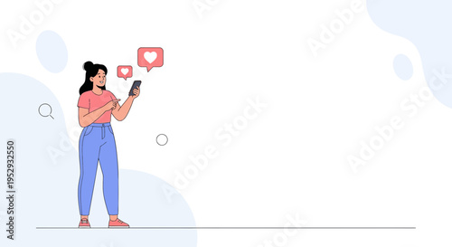 Woman Using Smartphone with Social Media Likes and Hearts Notification Icons