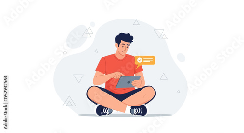 Young man sitting cross-legged on tablet, notification bubble with checkmark