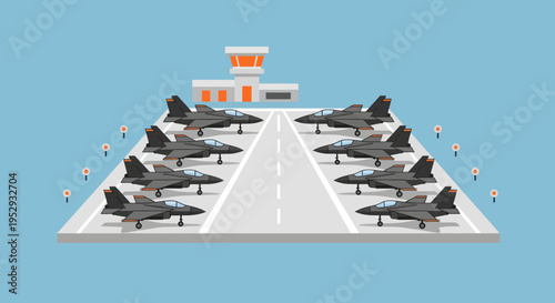 Airplanes parked on airport runway apron.