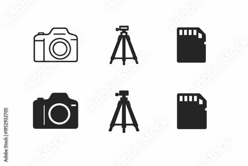 Camera, tripod, and memory card icons in minimalist black and white design