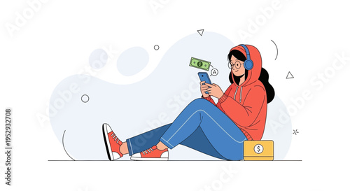 Young Woman Listening to Music and Managing Finances on Smartphone with Money
