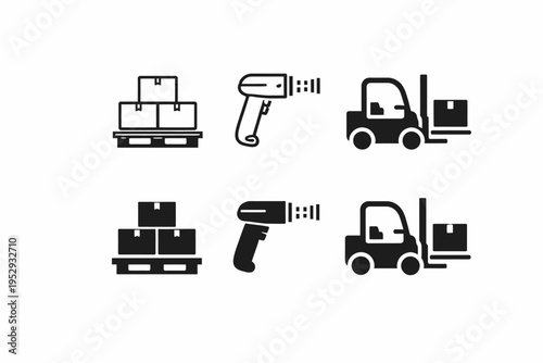 Warehouse icons: pallet, barcode scanner, forklift with boxes