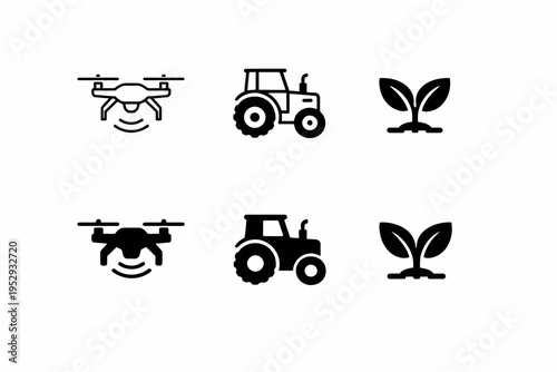 Agricultural technology icons featuring drone, tractor, and plant symbols