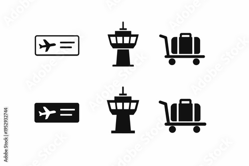 Airport icons: boarding pass, control tower, luggage cart