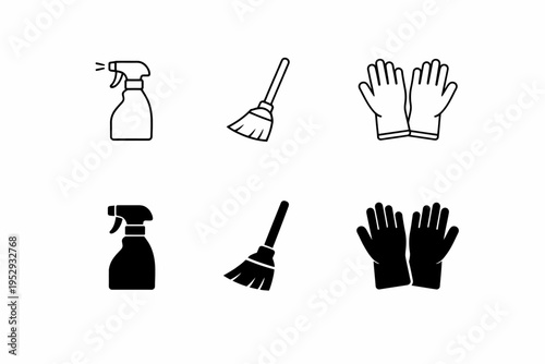 Cleaning tools: spray bottles, brushes, and gloves icons set
