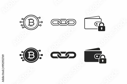 Cryptocurrency symbols: bitcoin circuit, blockchain link, secure wallet icon