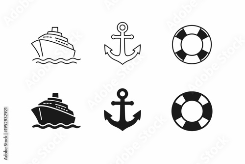 Nautical icons: ship, anchor, lifebuoy in black and white design