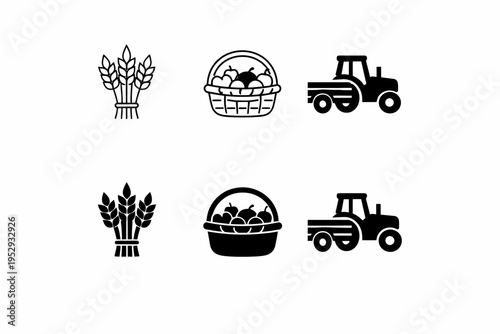 Agriculture icons: wheat, harvest basket, tractor set in black and white