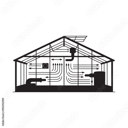 Wallpaper Mural Diagram of a greenhouse ventilation and heating system with airflow arrows Torontodigital.ca