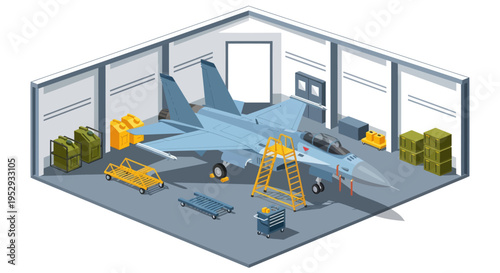 Gray Fighter Jet in Hangar Bay.