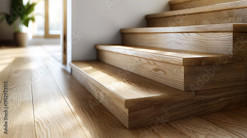 Close-Up View of Smooth Oak Wooden Stair Treads Illuminated by Natural Sunlight