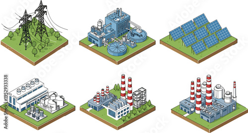 Isometric energy infrastructure set, power plants, solar panels, electrical grid, industrial factories, energy production systems, renewable and traditional energy, vector illustration collection