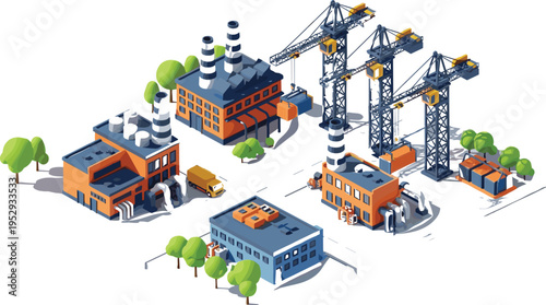 Isometric industrial construction site, factory buildings with cranes, manufacturing plants, urban infrastructure, engineering workflow, heavy industry 