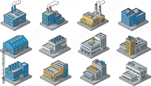 Isometric industrial factory buildings set, manufacturing plants collection, urban production facilities, warehouse and power plant structures, 