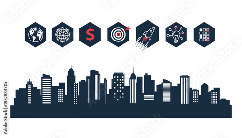 City skyline silhouette with business icons and global finance symbols