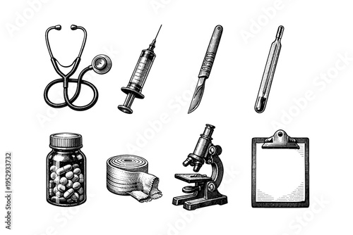 Vintage medical instruments and supplies illustration in a retro sketch style
