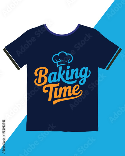 Dark navy tshirt featuring a chefs hat and Baking Time text in stylish blue and orange lettering