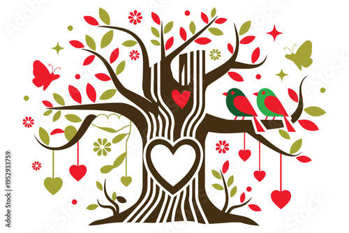 Decorative tree of hearts with two lovebirds and hanging hearts on a transparent background