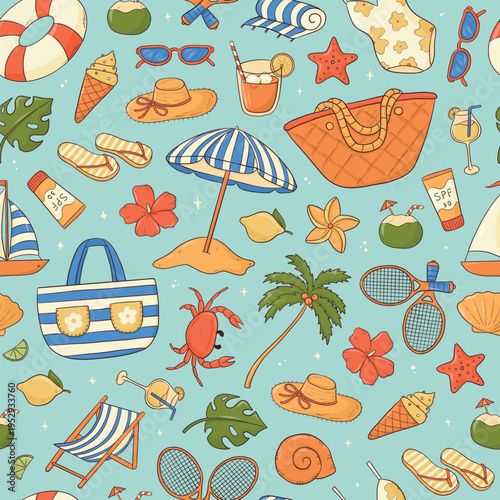 Summer doodles, cartoon elements seamless pattern for wallpapers, textile prints, scrapbooking, stationery, wrapping papers, backgrounds, packaging, etc. EPS 10