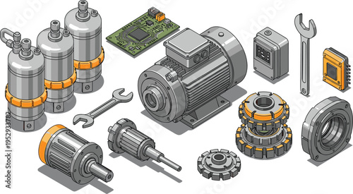 Isometric industrial machine parts set, electric motor, gears, mechanical components, engineering tools, manufacturing equipment, automation technology, technical vector illustration collection