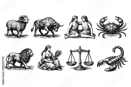 Vintage zodiac symbols including ram, bull, twins, crab, lion, maiden, scales, and scorpion