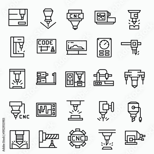CNC machine icons with milling, lathe, cutting, and industrial automation symbols. Modern line style vector set.