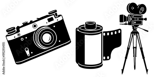 Set of vintage photography and cinematography equipment silhouettes isolated