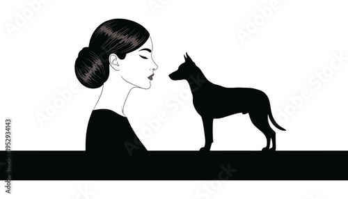 A woman kissing a dog silhouette in a minimalist illustration style