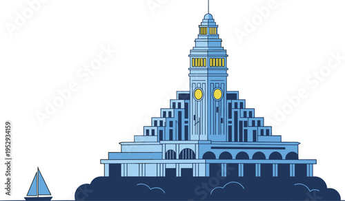 Modern city landmark building with clock tower, waterfront architecture, urban skyline illustration, flat design vector for travel, tourism, and cityscape concept
