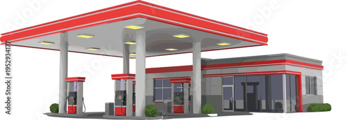 Modern gas station building with fuel pumps, red canopy design, service area, urban roadside petroleum station, clean flat vector illustration for transportation and energy concept