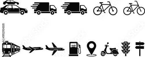 Transportation icon set with car, truck, bicycle, train, airplane, fuel pump, scooter, traffic light, and location pin, modern flat vector illustration