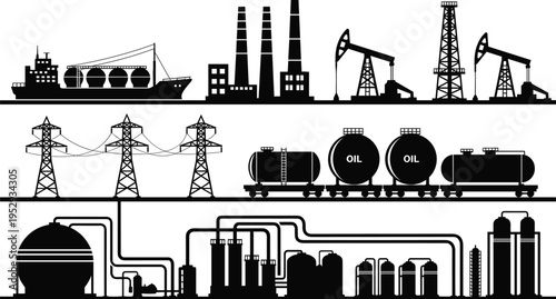 Oil and gas industry silhouettes with refinery, drilling rigs, tanker ship, pipelines, storage tanks, and power lines, industrial energy production vector illustration set