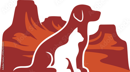 Stylized illustration of a dog and a cat in red and mountains in yellow