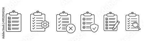 Clipboard checklist icon set featuring task management, to-do lists, project planning, and productivity symbols in modern line style.