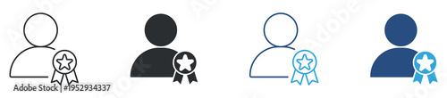 User rating icon set. Person with badge and star, customer feedback, reputation and review concept. Vector illustration.