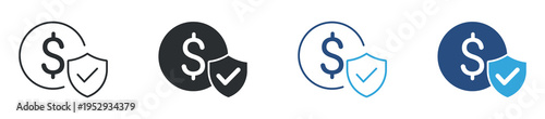 Financial security icon set. Dollar symbol with shield, protection of money, safe payment and insurance concept. Vector illustration.