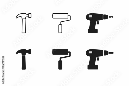 Set of construction tools: hammer, paint roller, drill icons in black and white