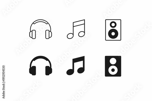 Black and white music icons: headphones, musical notes, and speakers