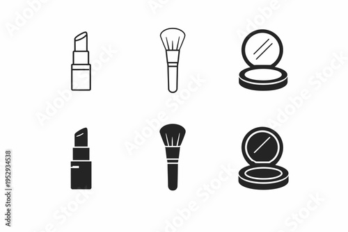Black and white makeup icons: lipstick, brush, compact set