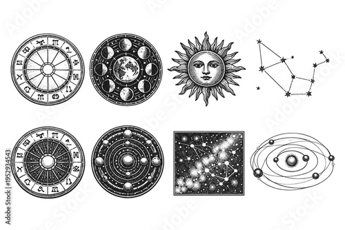 Vintage celestial and astrological diagrams including zodiac, moon phases, sun, and constellations