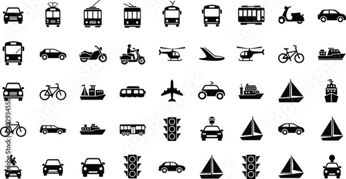 Transportation icon set with cars, buses, bicycles, boats, airplanes, helicopters, scooters, and traffic lights, modern flat black silhouette vector illustration for travel and mobility