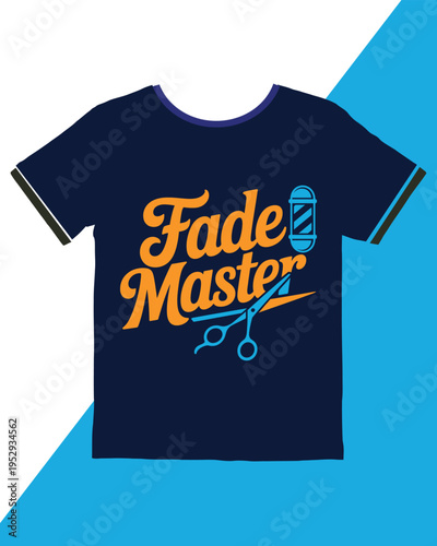 Fade Master tshirt design with scissors and clippers on navy blue shirt