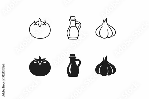 Outline and silhouette icons of tomato, olive oil, and garlic