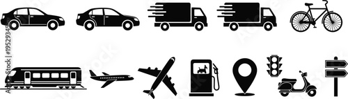 Transportation icon set with cars, trucks, bicycle, train, airplane, fuel pump, scooter, traffic light, and navigation symbols, flat vector illustration for travel and mobility