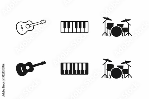 Simple icons set: acoustic guitar, piano keys, drum set in black and white