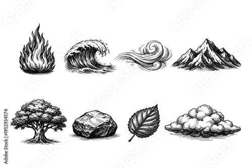 Collection of eight hand-drawn elements representing the four classical elements and nature