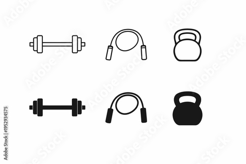 Minimalist icons: dumbbell, jump rope, and kettlebell for fitness enthusiasts